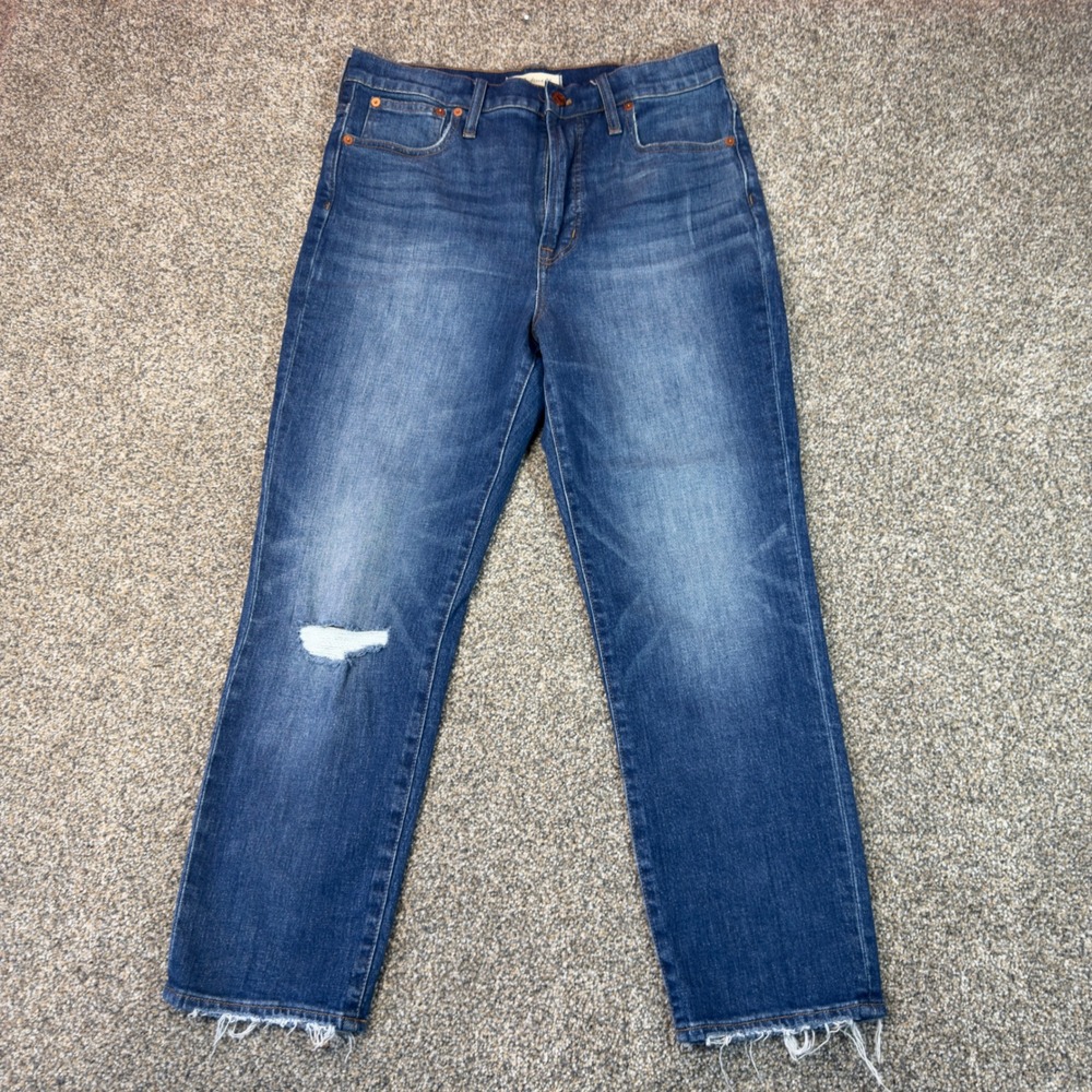 Madewell The Perfect Vintage Crop Jean Blue Distressed Raw Hem Size 30 Trendy